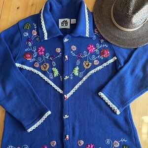 Vintage Storybook Knits Western Cowgirl Embroidered Blue Cardigan Sweater 1X